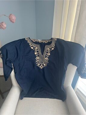 J.Jill Embroidered Tunic Top Navy/Tan Boho Peasant 3/4 Sleeve Floral Size L